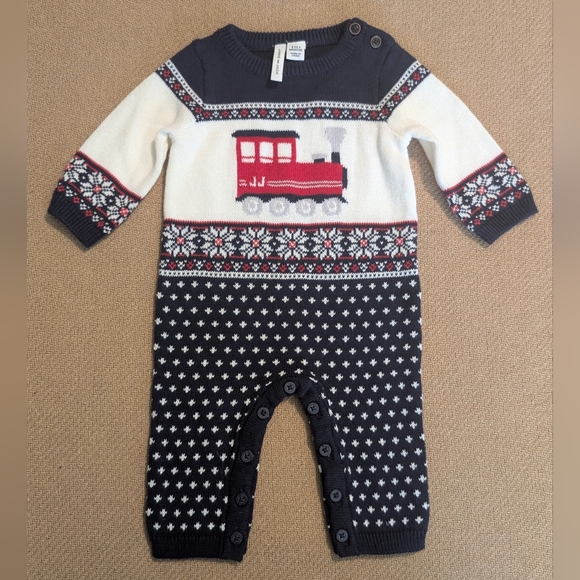 Janie and Jack Baby Boys Navy Blue Holiday Train One Piece Knit Jumpsuit - Picture 8 of 11